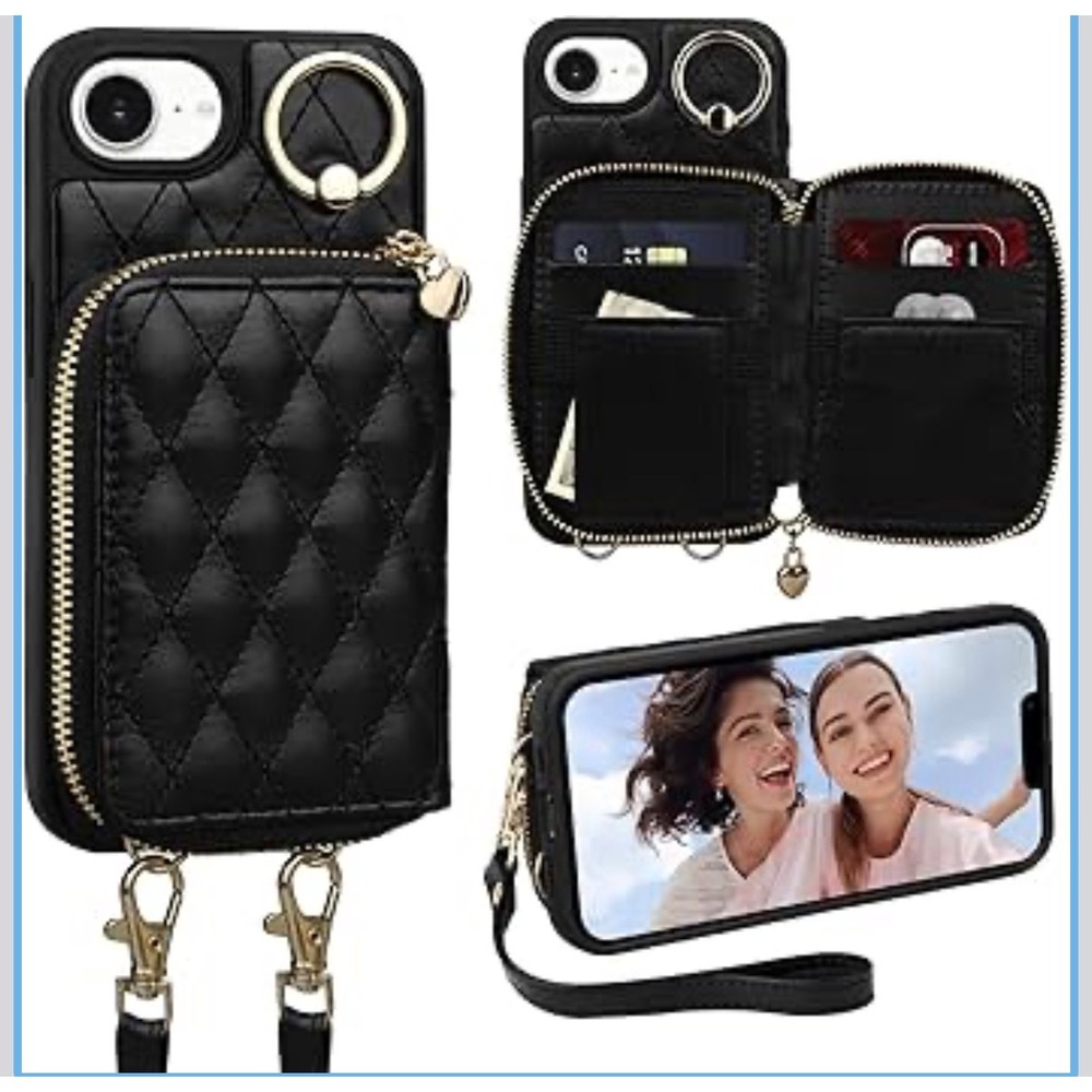 NEW Keallce iPhone 16e 17e Wallet Case 6.1 Quilted Crossbody Wristlet Black RFID